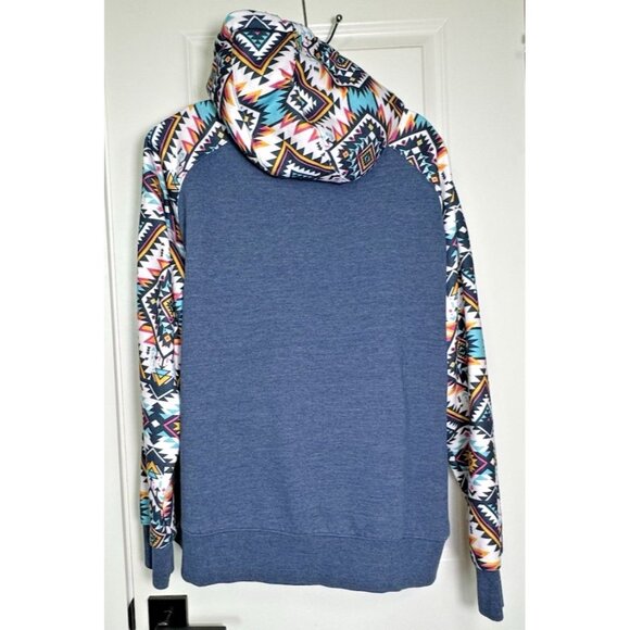 Hooey Blue and Multicolor Geometric Women's Hoodie. ☆ Fits Like EXTRA LARGE - Picture 3 of 11